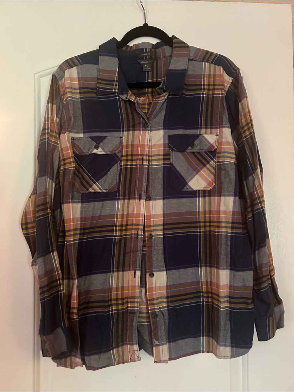 Eddie Bauer Plaid Button-Down Shirt in Navy, Mustard and Cream